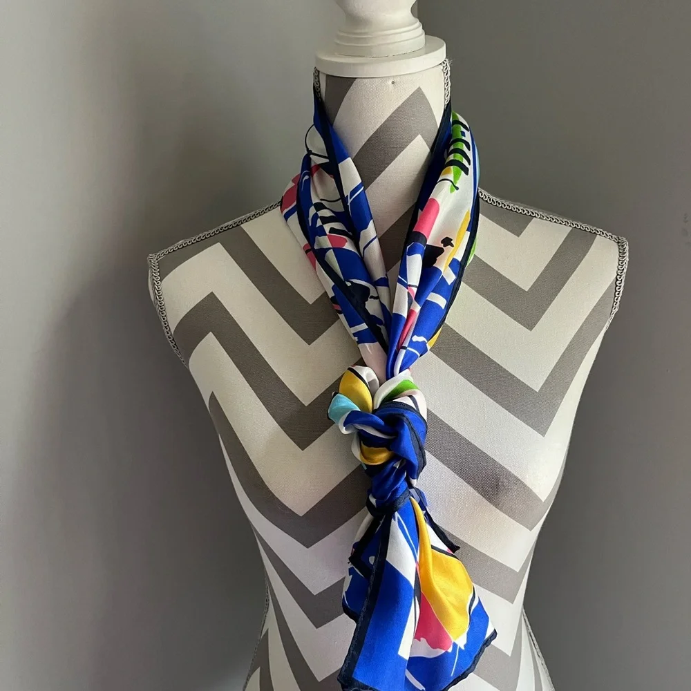 Colorful Abstract Vintage Silk Print Scarf - 52” l x 11” w - Picture 6 of 8